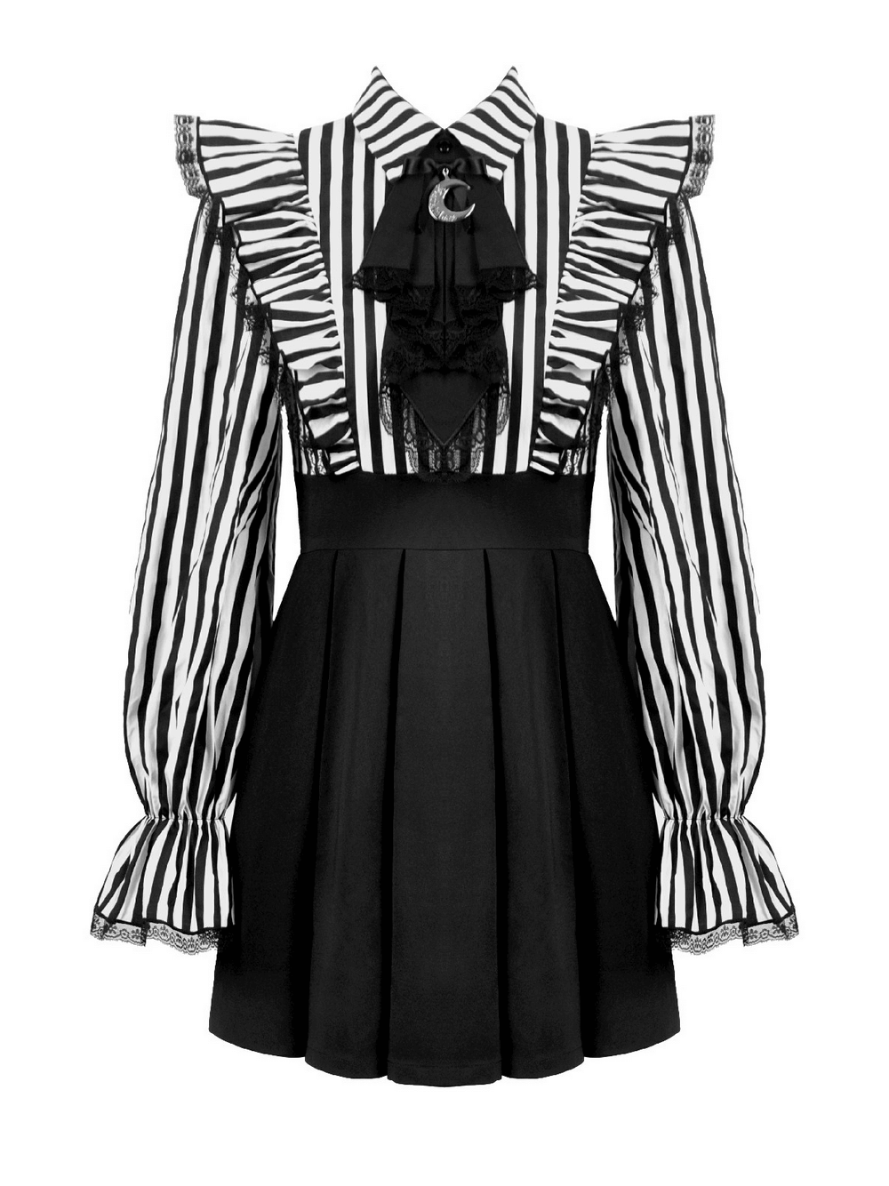 Elegant Striped Dress with Ruffle Sleeves and Moon Detail, featuring dramatic ruffles and lace accent.