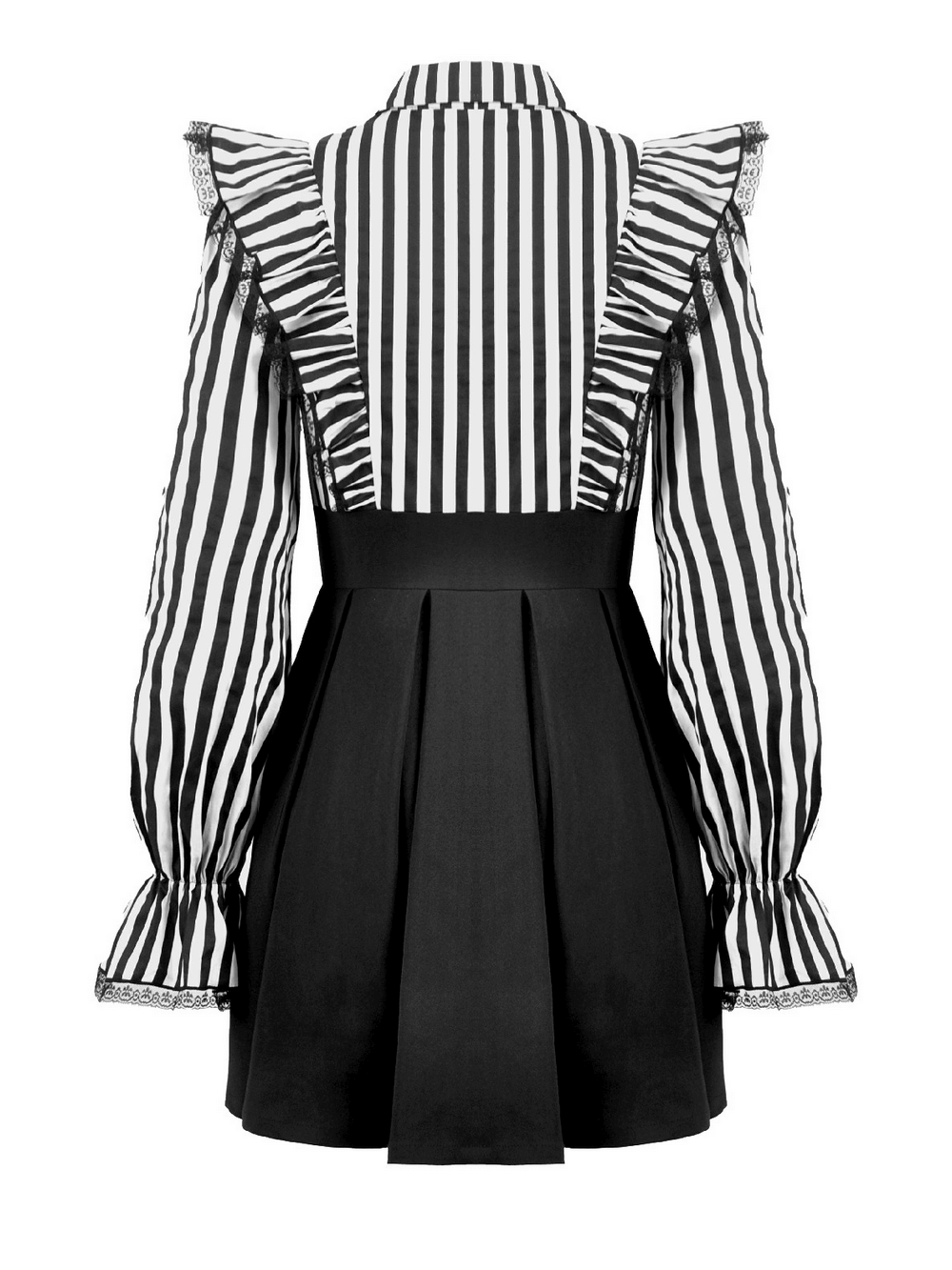 Elegant Striped Dress with Ruffle Sleeves and Moon Detail showcasing back design with black and white stripes.