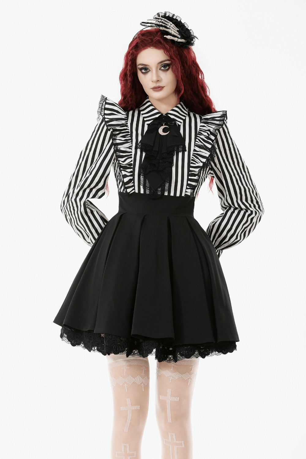 Elegant Striped Dress with Ruffle Sleeves and Moon Detail worn by a model with red hair and gothic accessories.