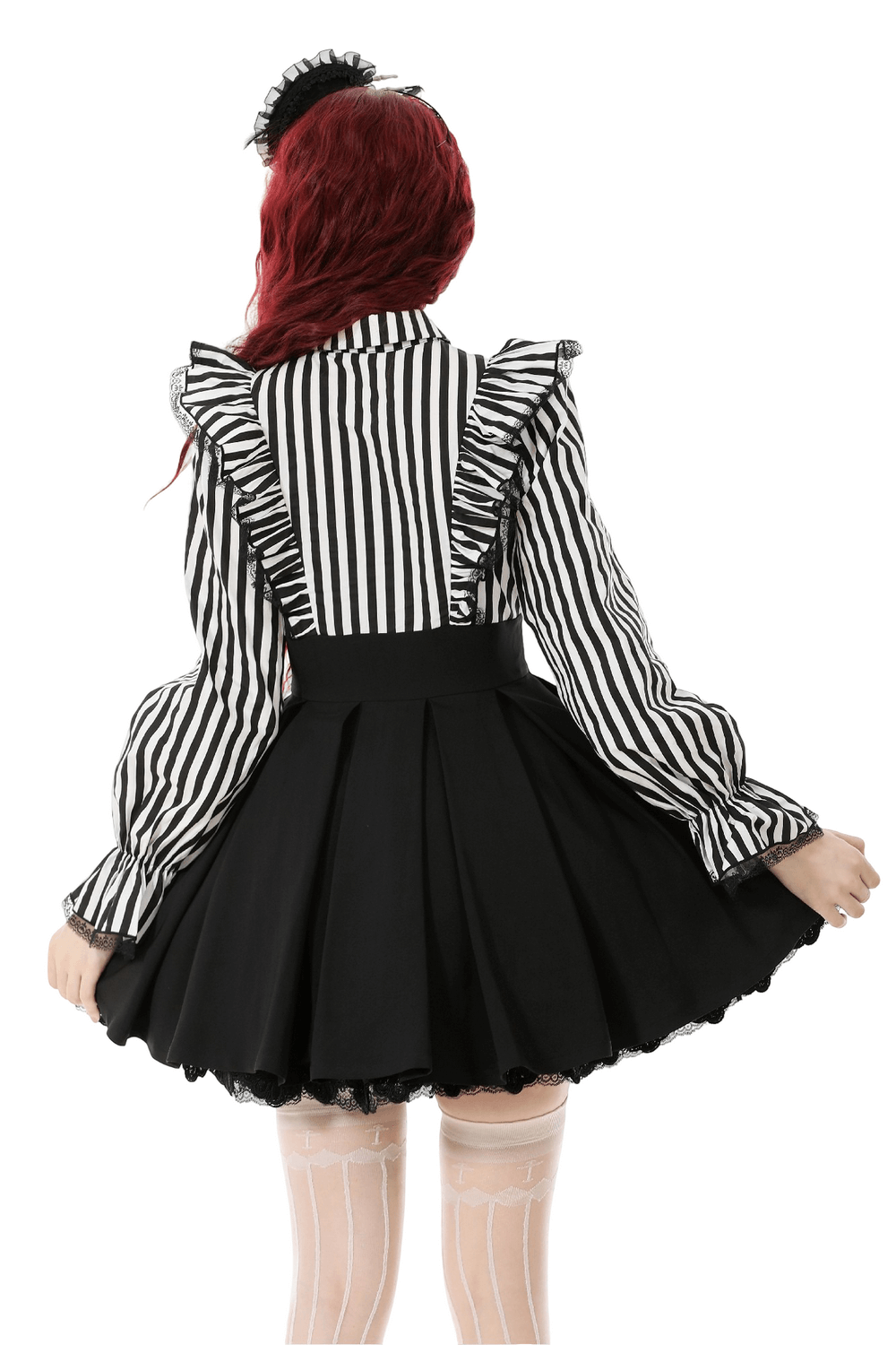 Elegant Striped Dress with Ruffle Sleeves and Moon Detail back view showcasing dramatic ruffle sleeves and pleated skirt.