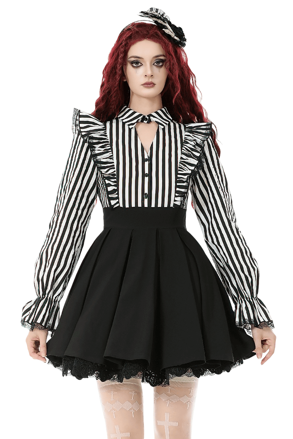 Elegant Striped Dress with Ruffle Sleeves and Moon Detail worn by model, featuring dramatic ruffles and a pleated skirt.