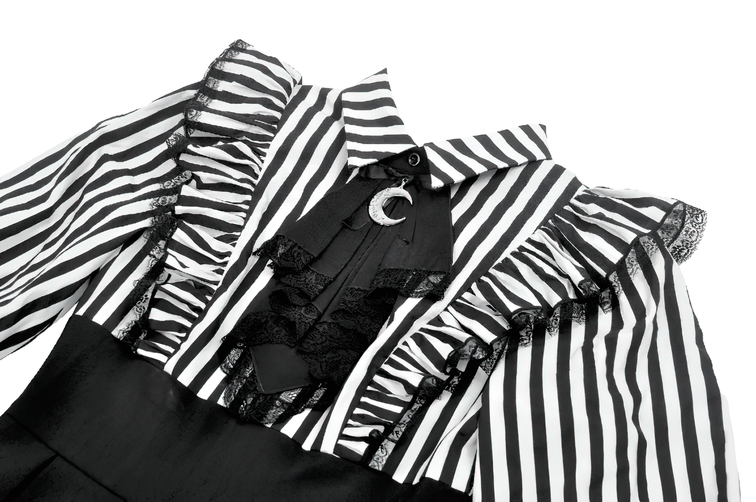 Elegant Striped Dress with Ruffle Sleeves and Moon Detail showing bold black and white stripes and dramatic ruffle sleeves.