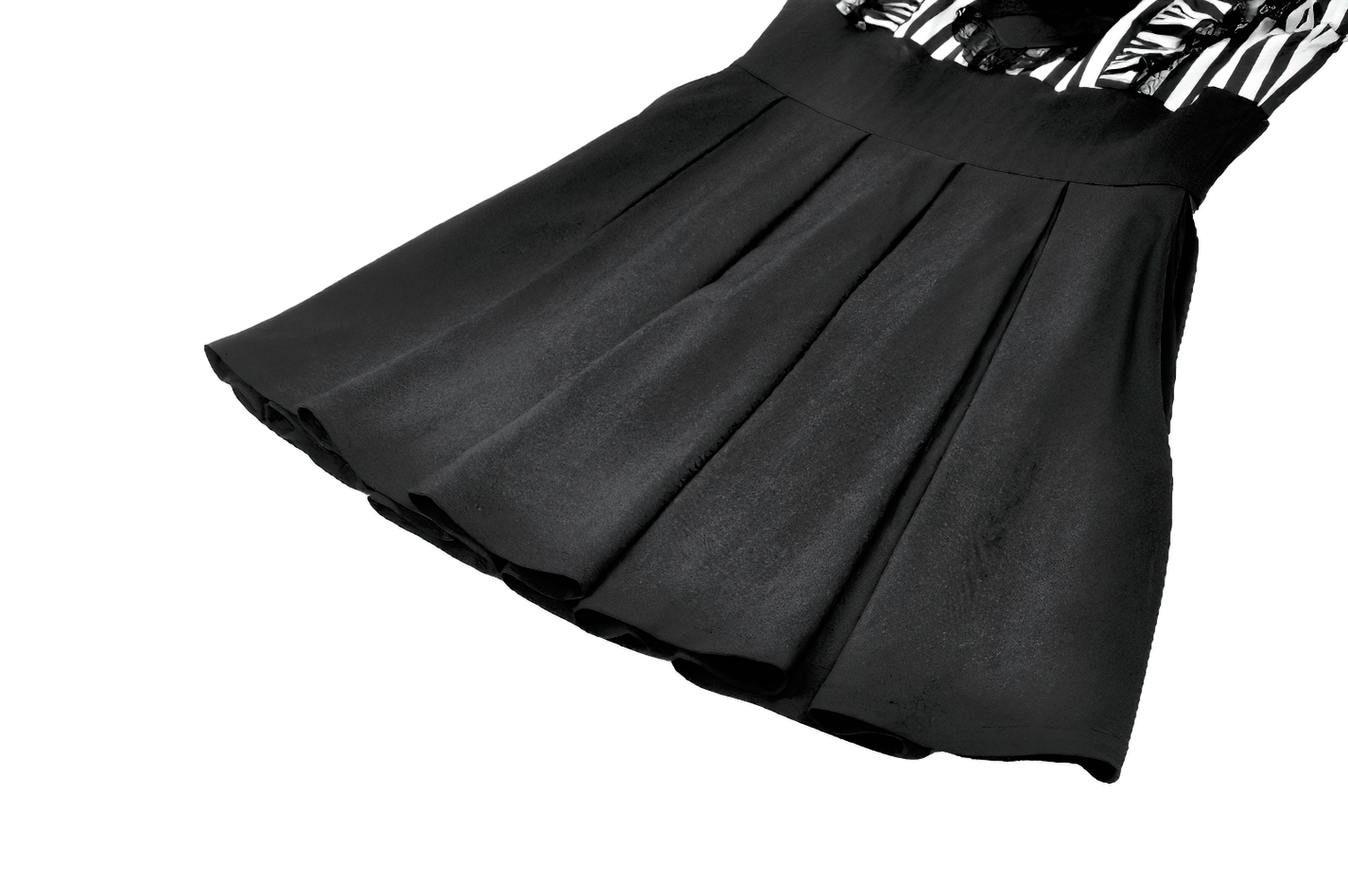 Elegant Striped Dress with Ruffle Sleeves and Moon Detail showcasing its pleated skirt and dramatic design.