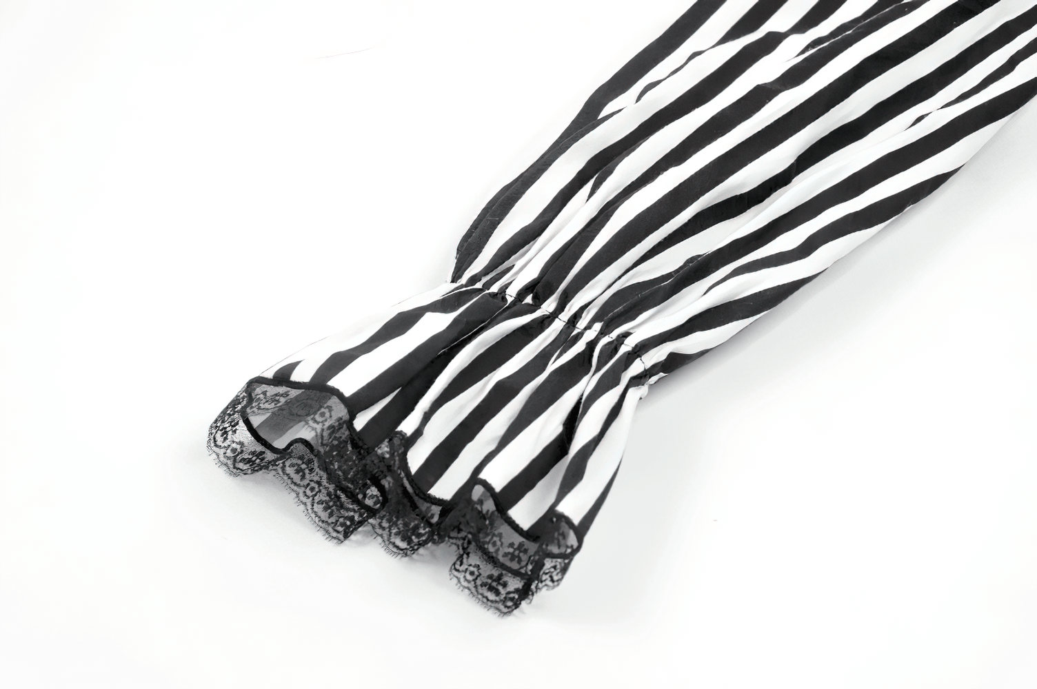 Elegant Striped Dress with Ruffle Sleeves and Moon Detail - detailed view of ruffle lace sleeves in black and white stripes.