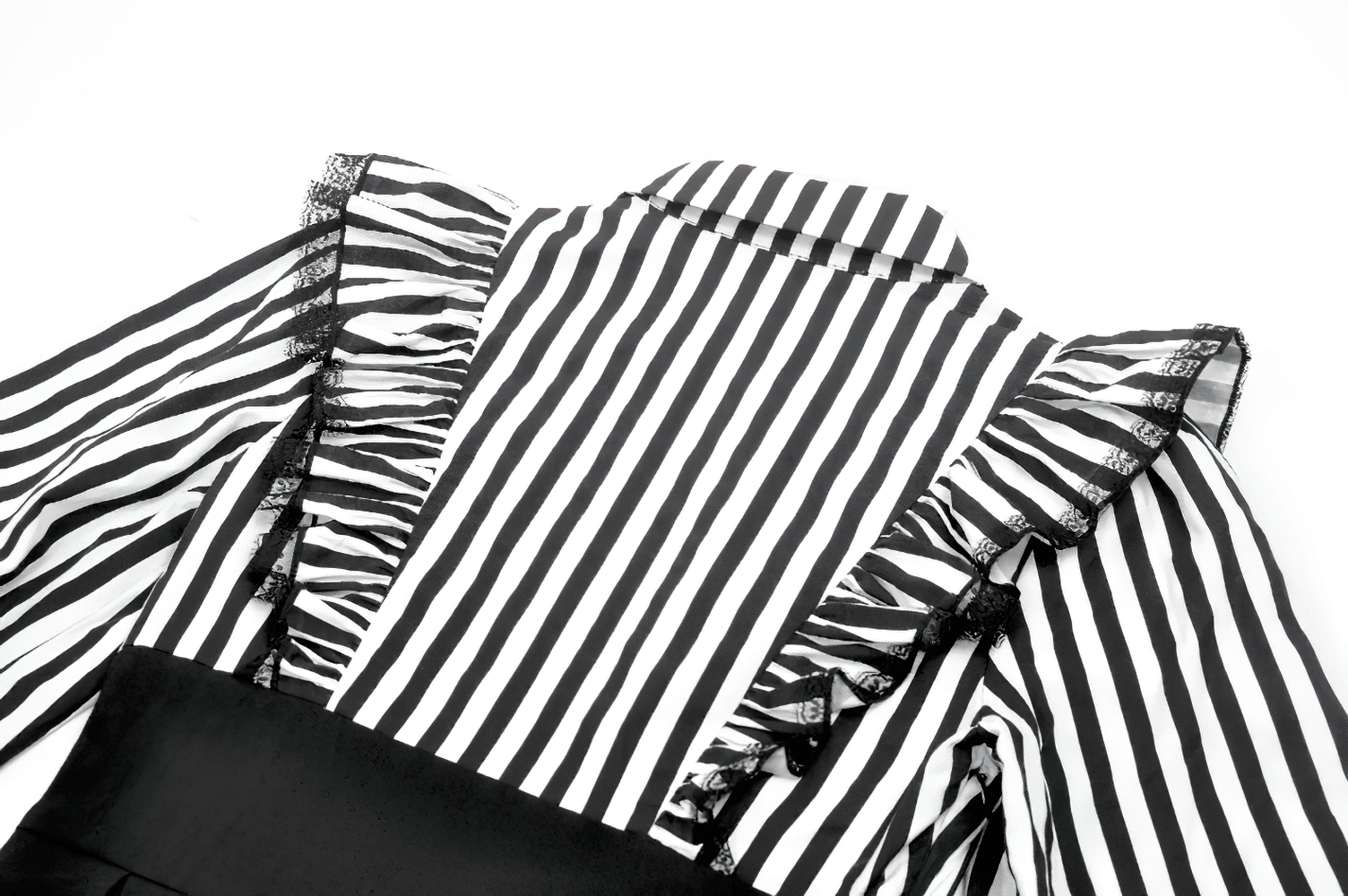 Elegant Striped Dress with Ruffle Sleeves and Moon Detail showcasing lace-trimmed ruffle sleeves and bold stripes.