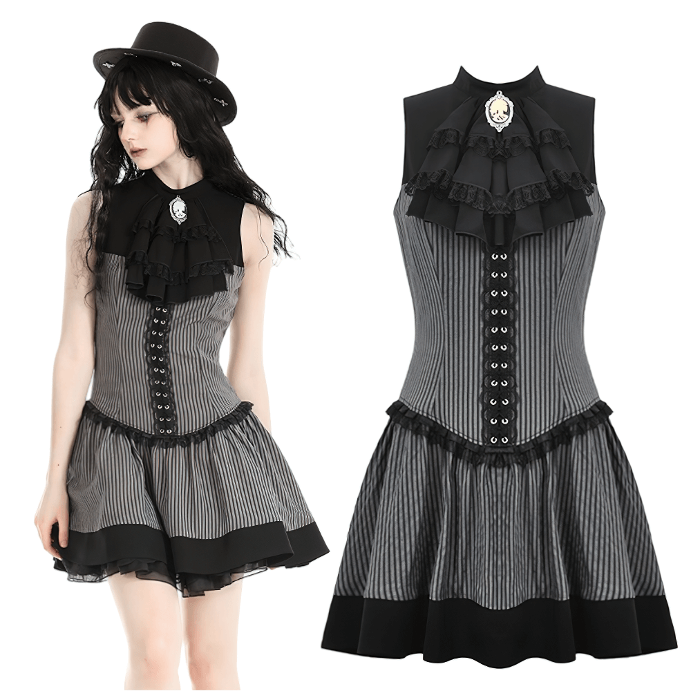 Elegant striped ruffle dress with brooch accent, showcasing chic design and gothic-inspired style.