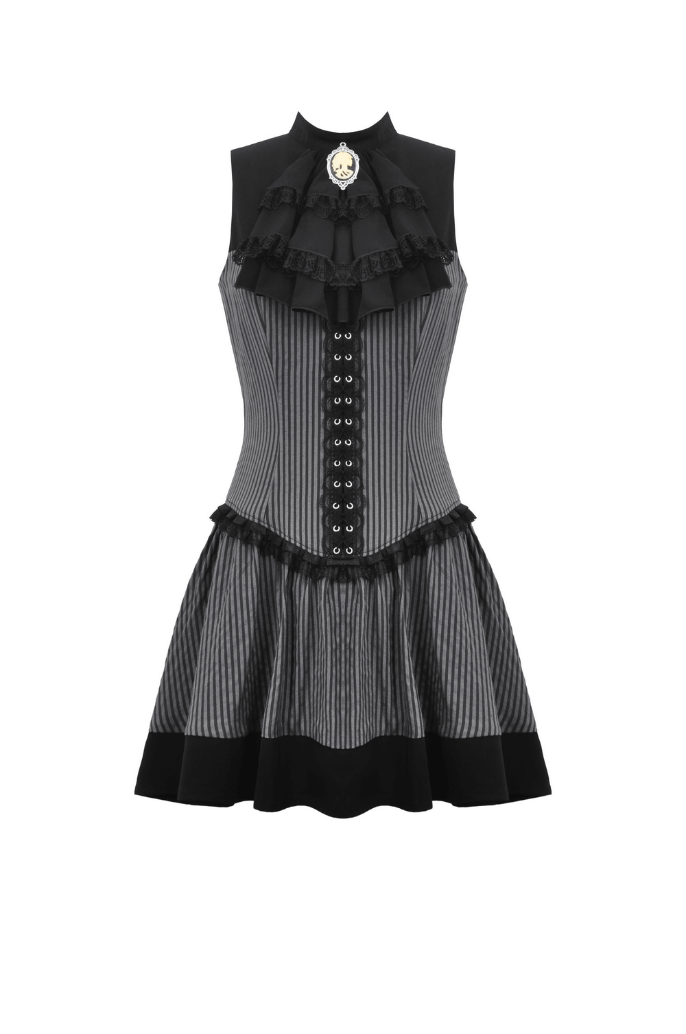 Elegant sleeveless striped ruffle dress with brooch accent and gothic-inspired design.