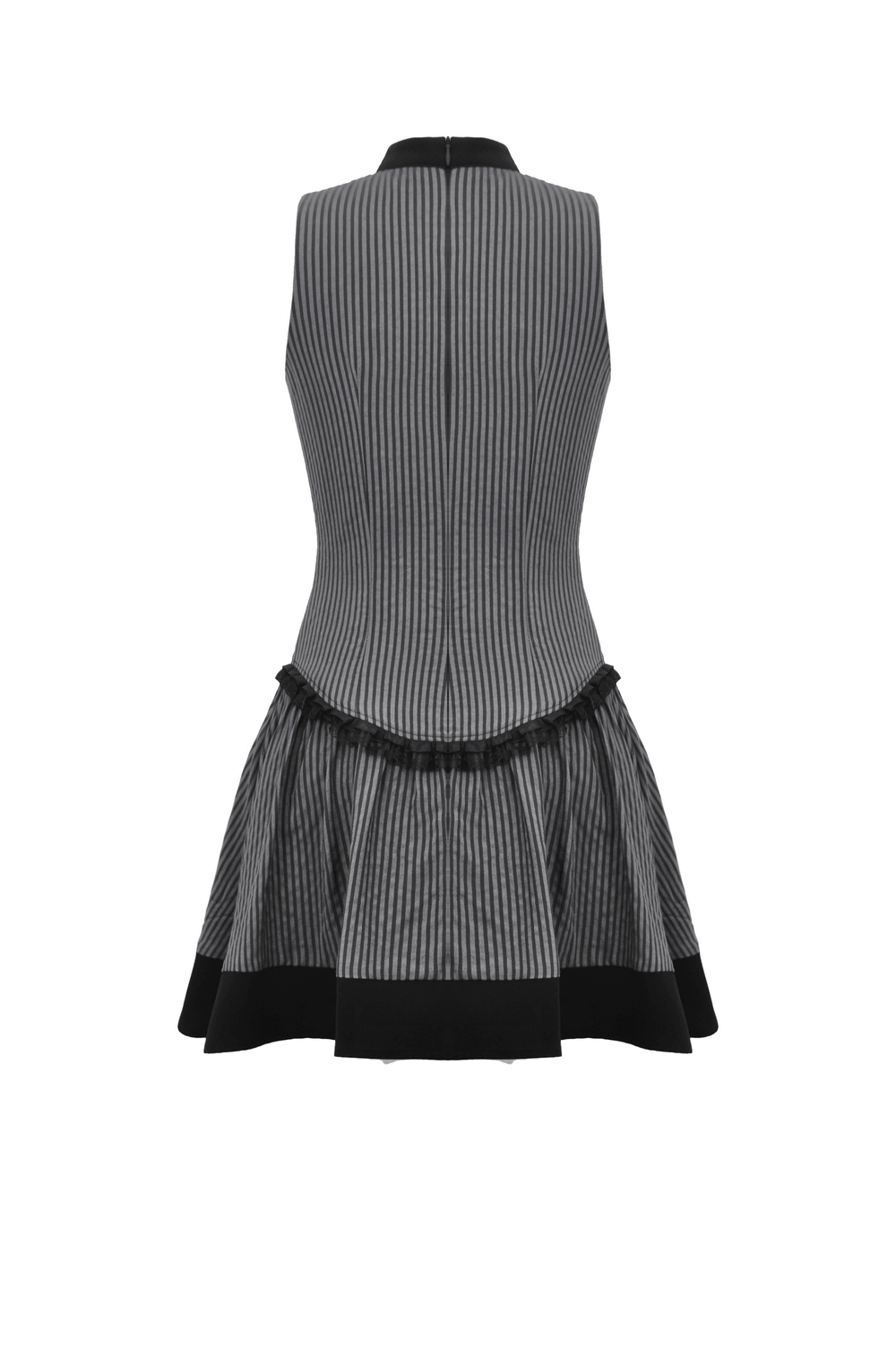 Elegant striped sleeveless dress featuring ruffle accents and a stylish brooch, perfect for any occasion.
