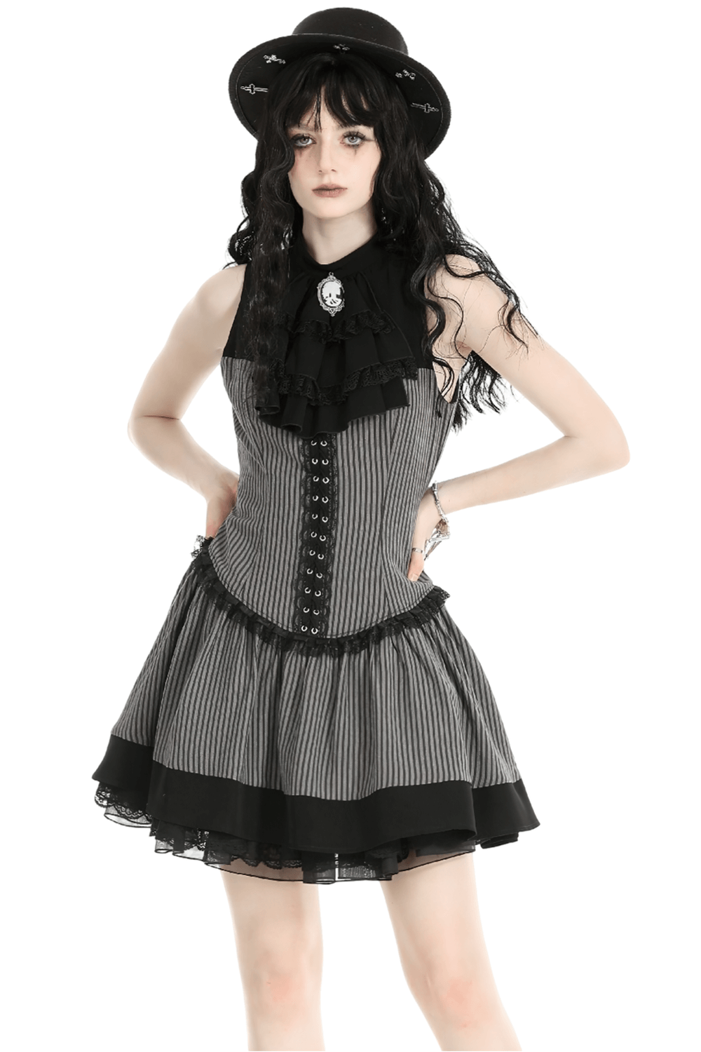 Elegant Striped Ruffle Dress with Brooch Accent