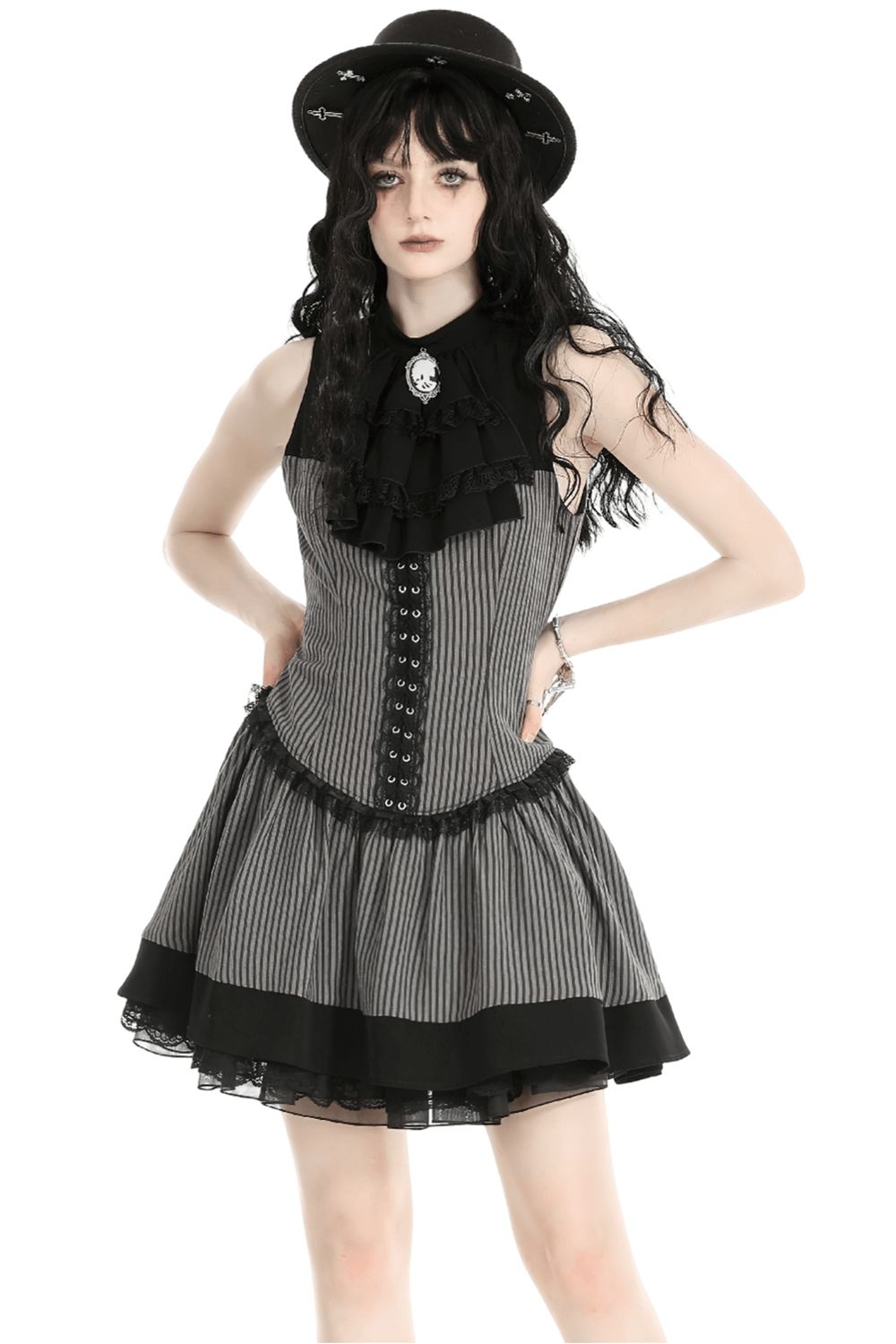 Elegant striped ruffle dress with brooch accent, perfect for a gothic-inspired chic look.
