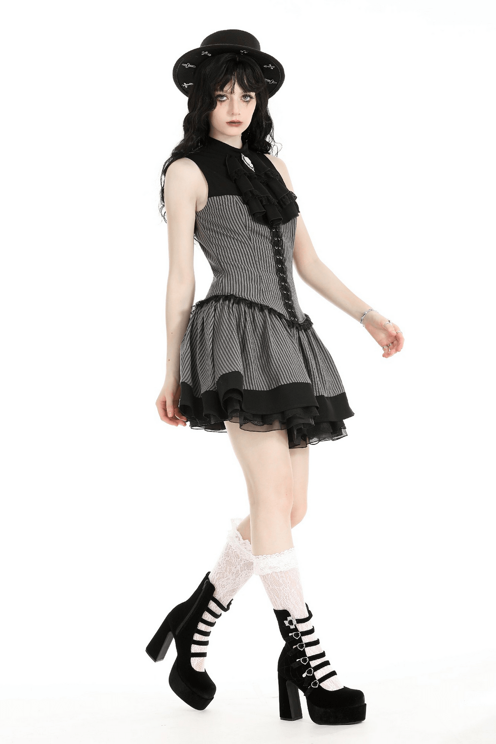 Elegant Striped Ruffle Dress with Brooch Accent