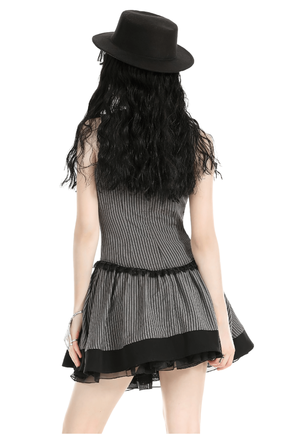 Back view of a chic sleeveless striped ruffle dress with a black hat, showcasing elegance and gothic style.