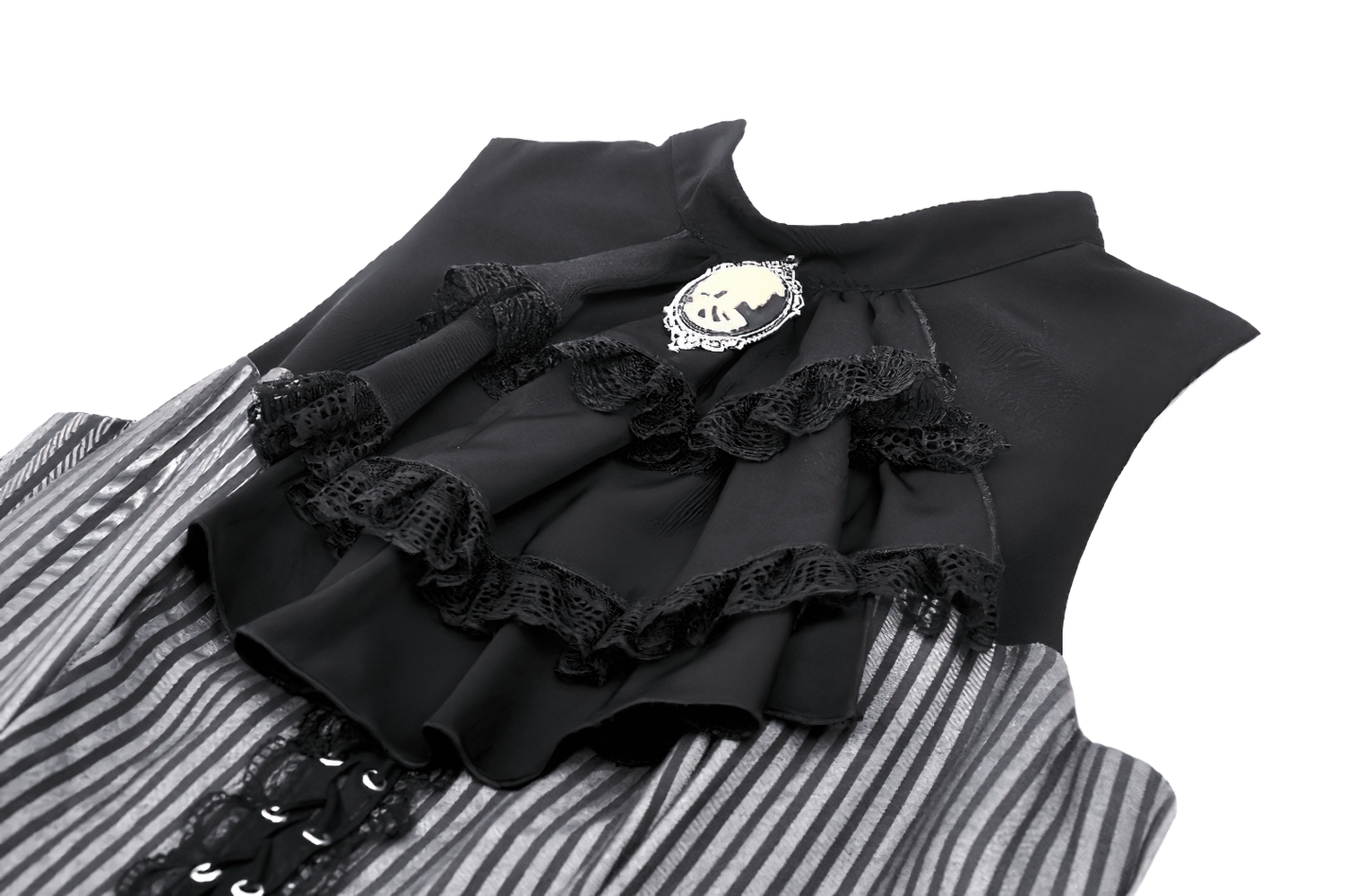 Elegant striped ruffle dress featuring a brooch accent and gothic-inspired design, perfect for any occasion.
