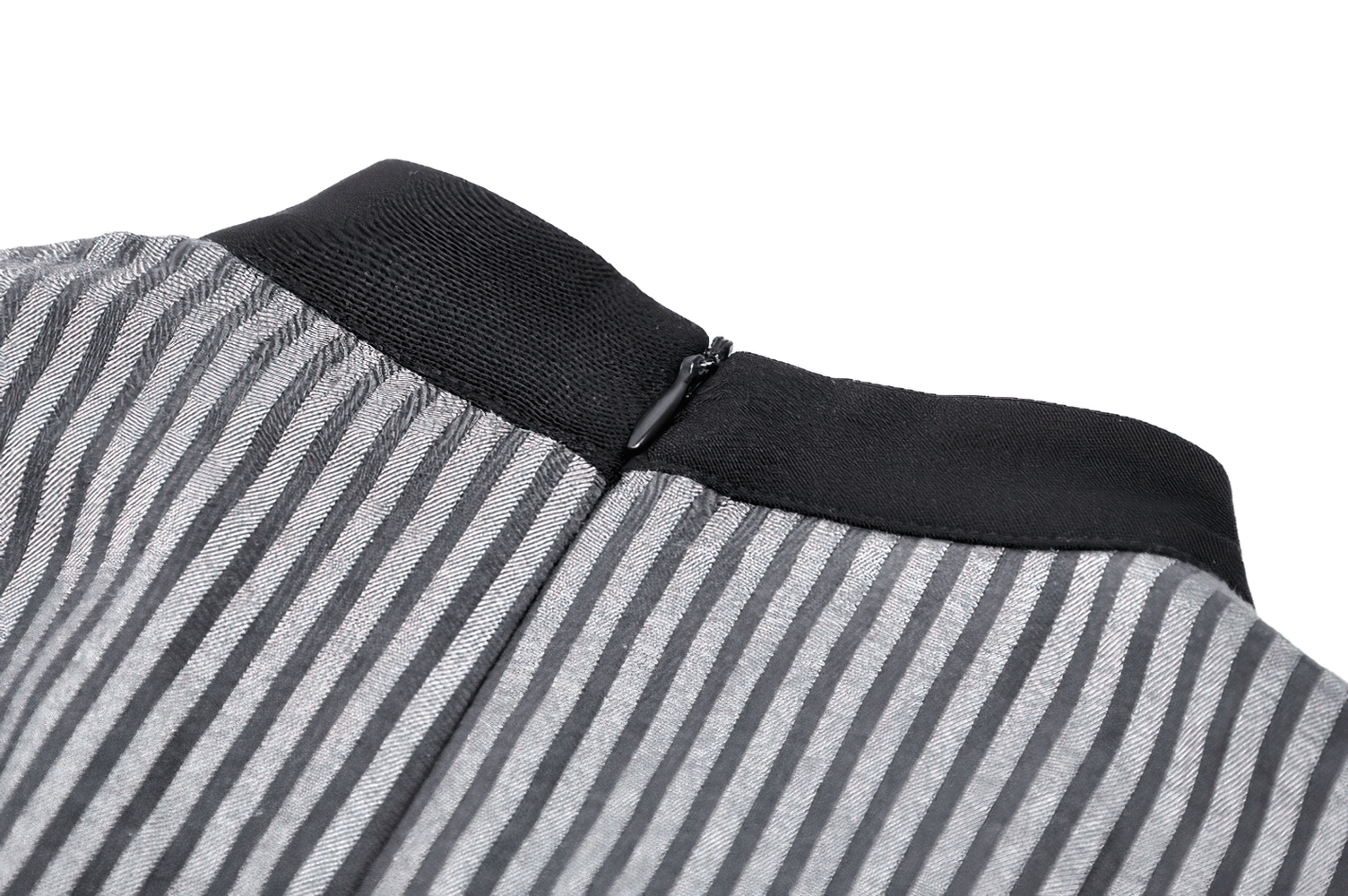 Back view of elegant striped dress showing ruffle detail and zipper accent for a chic look.