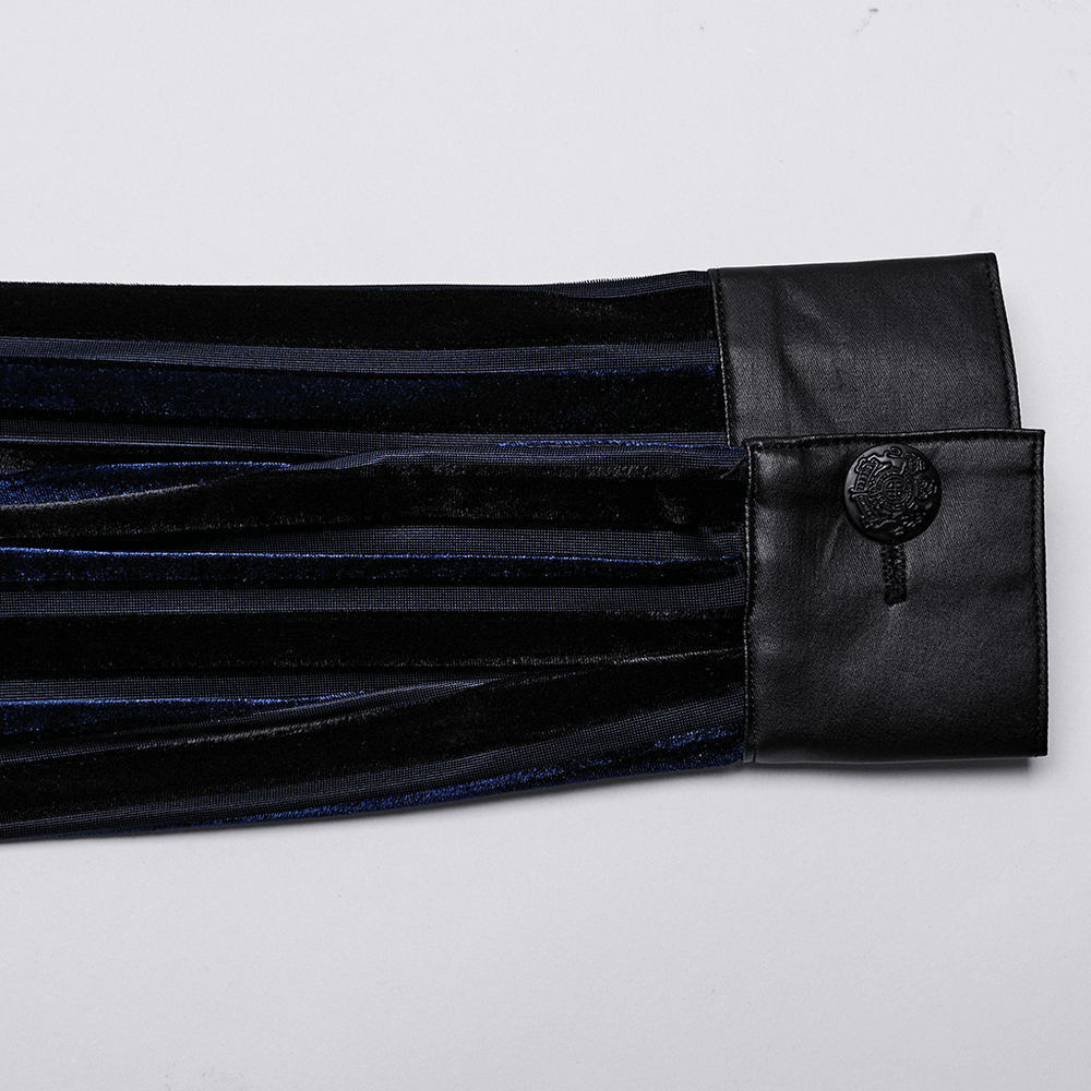 Close-up of the cuffs featuring striped velvet and rubberized fabric on a men's shirt.
