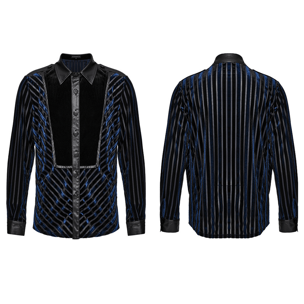 Elegant striped velvet and rubberized men's shirt, showcasing bold blue stripes and a sophisticated design.