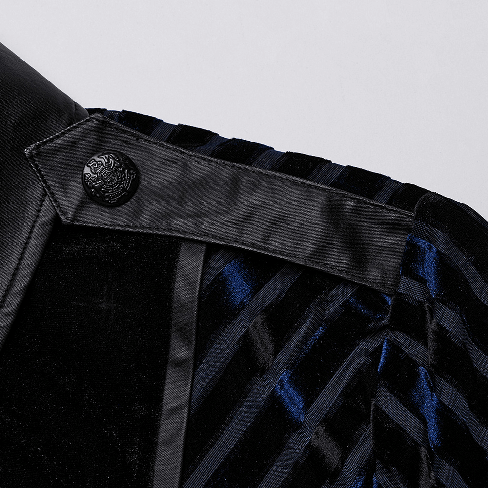 Close-up of the collar and striped velvet detail on a sophisticated men's shirt.