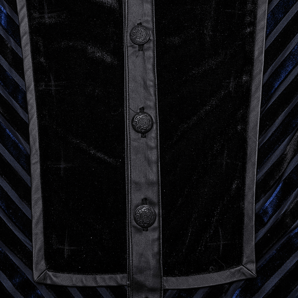 Close-up of an elegant striped velvet men's shirt featuring a solid front splice and stylish buttons.