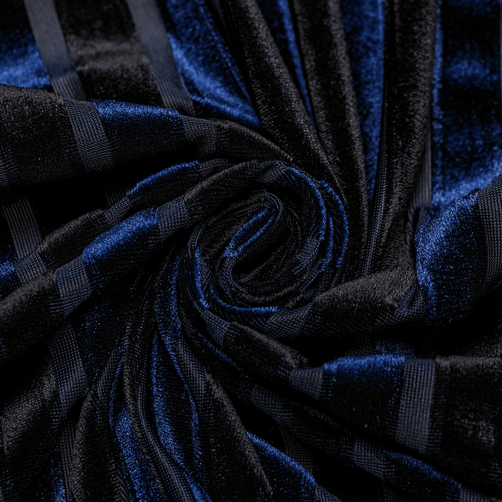 Close-up of luxurious blue striped velvet fabric, showcasing rich texture and sophisticated design for men's fashion.