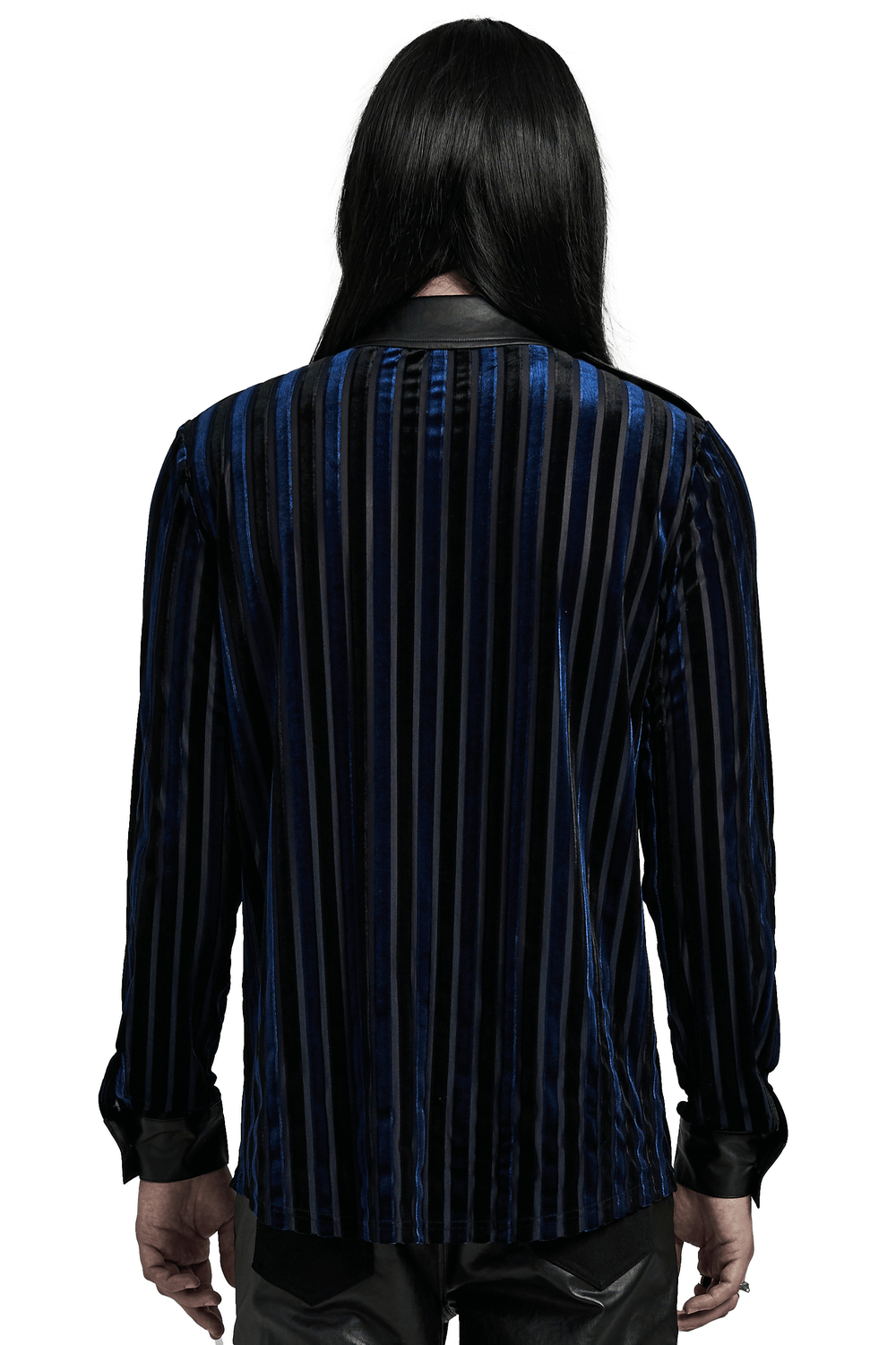 Back view of an elegant striped velvet men's shirt with a sleek design and modern allure, perfect for stylish occasions.