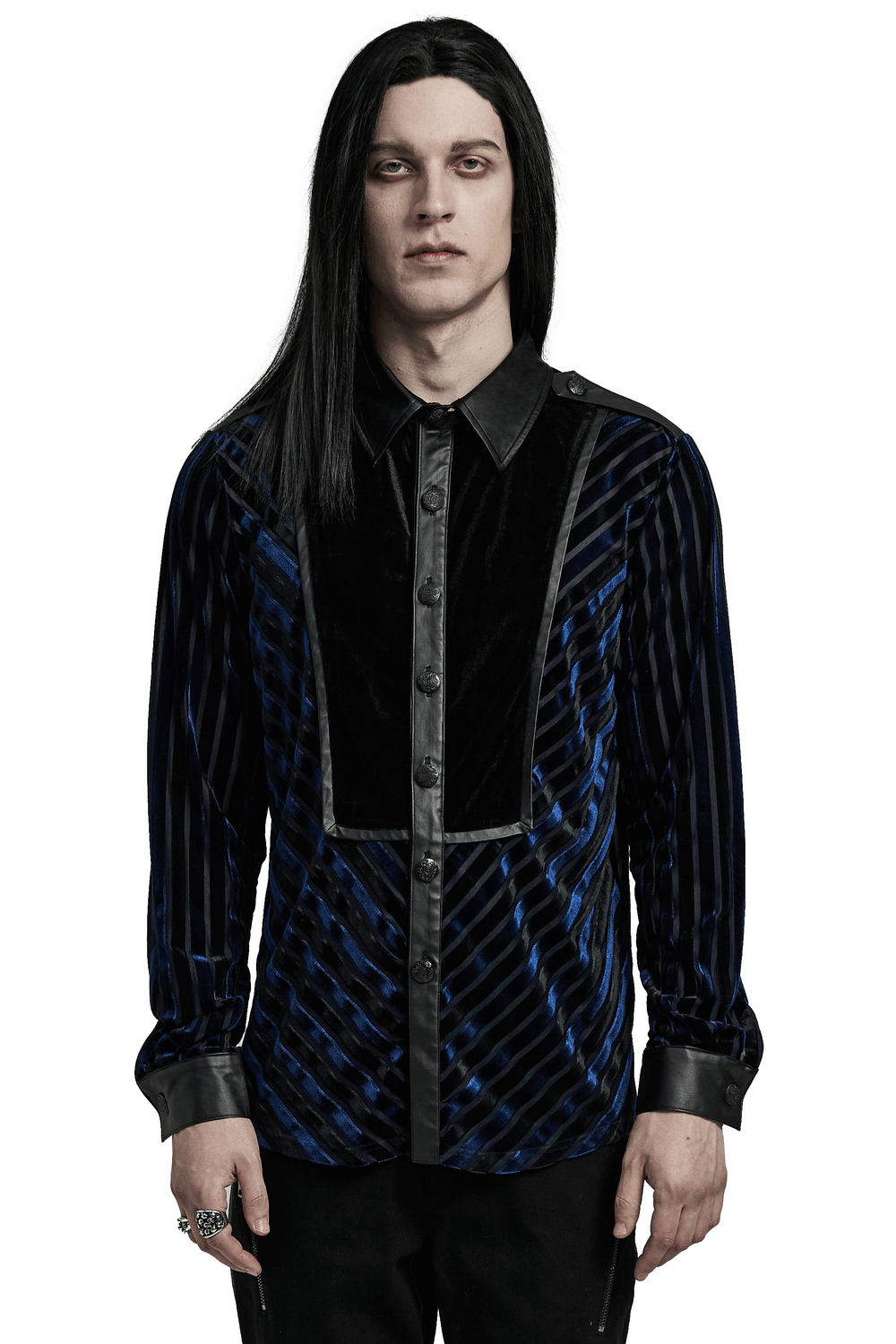 Elegant striped velvet and rubberized men's shirt in bold blue, featuring a sleek modern design.