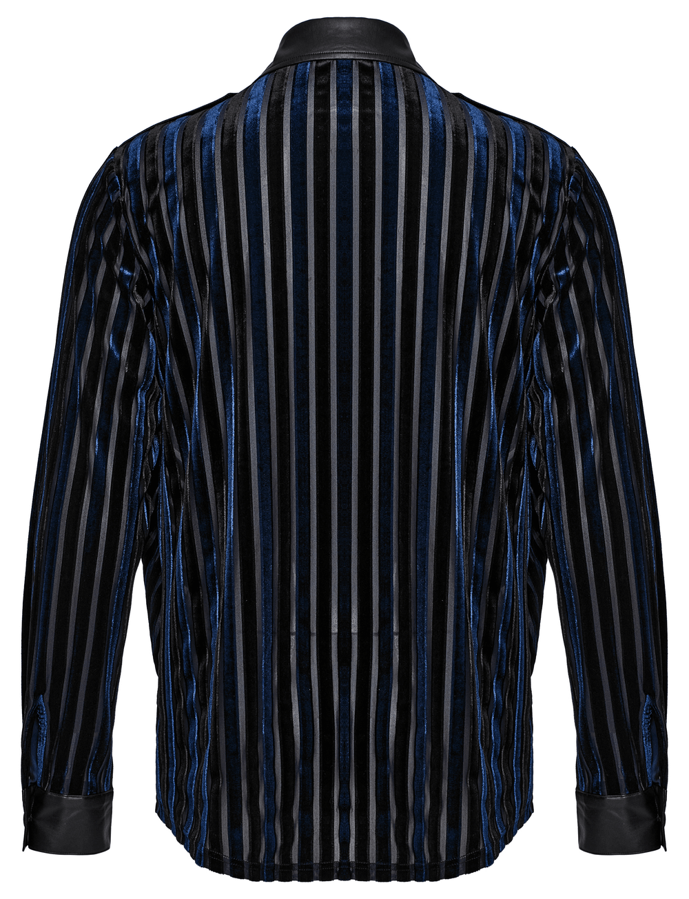 Back view of a stylish men's shirt featuring bold blue and black stripes in luxurious velvet.