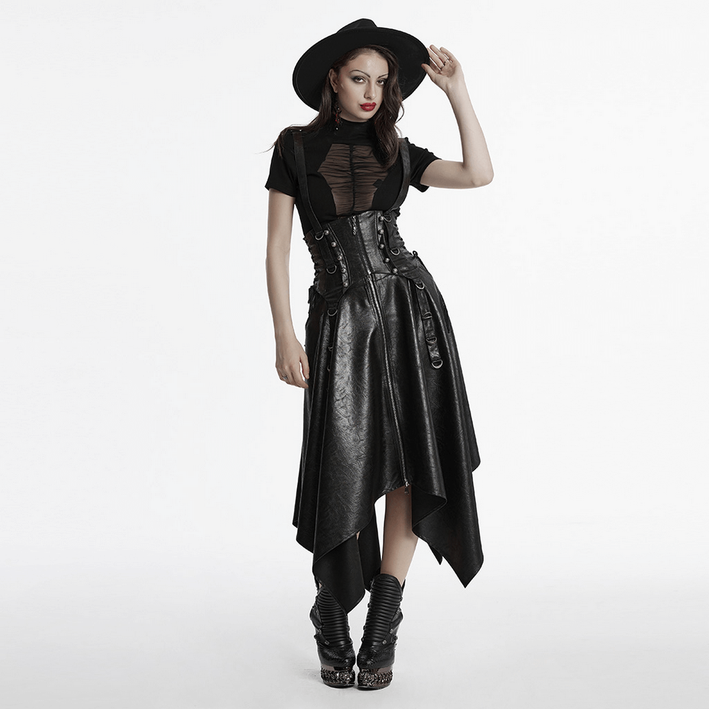 Stylish model in a gothic outfit featuring a wide-brim hat and edgy black leather skirt, exuding fierce elegance.