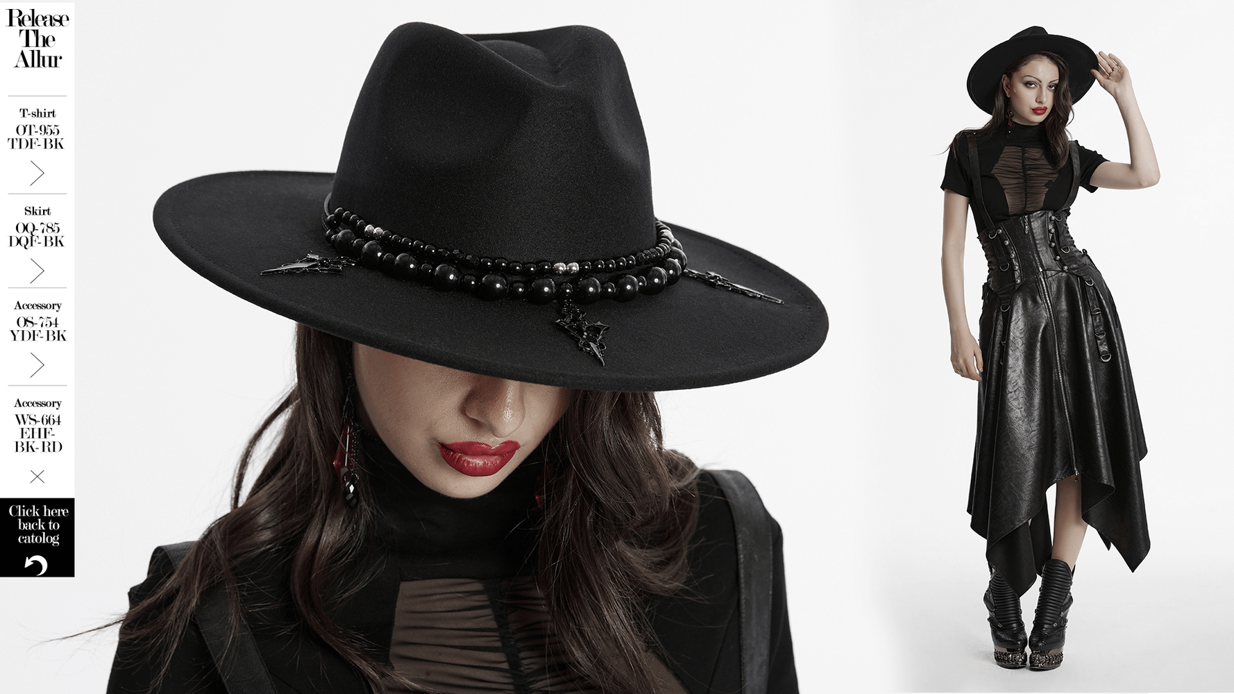 Stylish black suede wide brim hat with gothic pearl accents and Satan's cross details, perfect for a bold goth look.