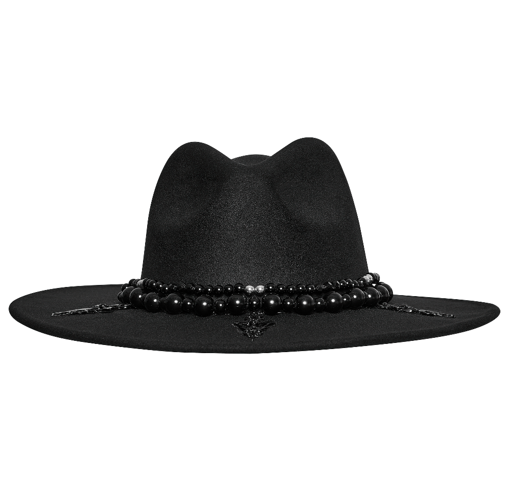 Elegant black suede wide-brim hat with gothic pearl accents and Satan's cross for a striking fashion statement.