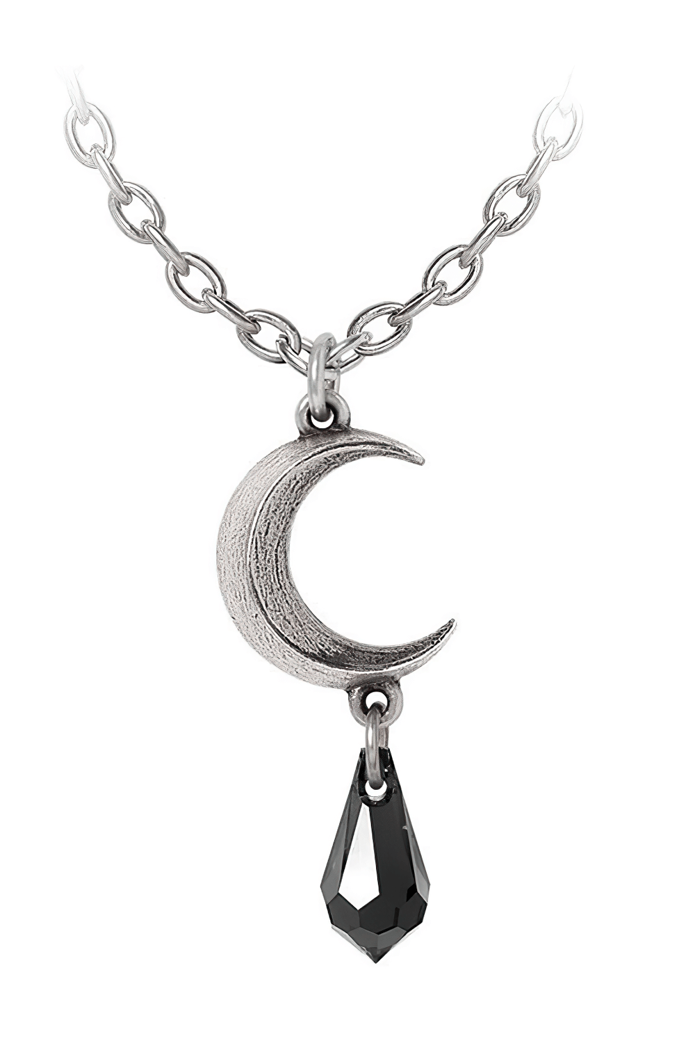 Elegant black Austrian crystal pendant necklace with a crescent moon charm, perfect for gothic jewelry lovers.