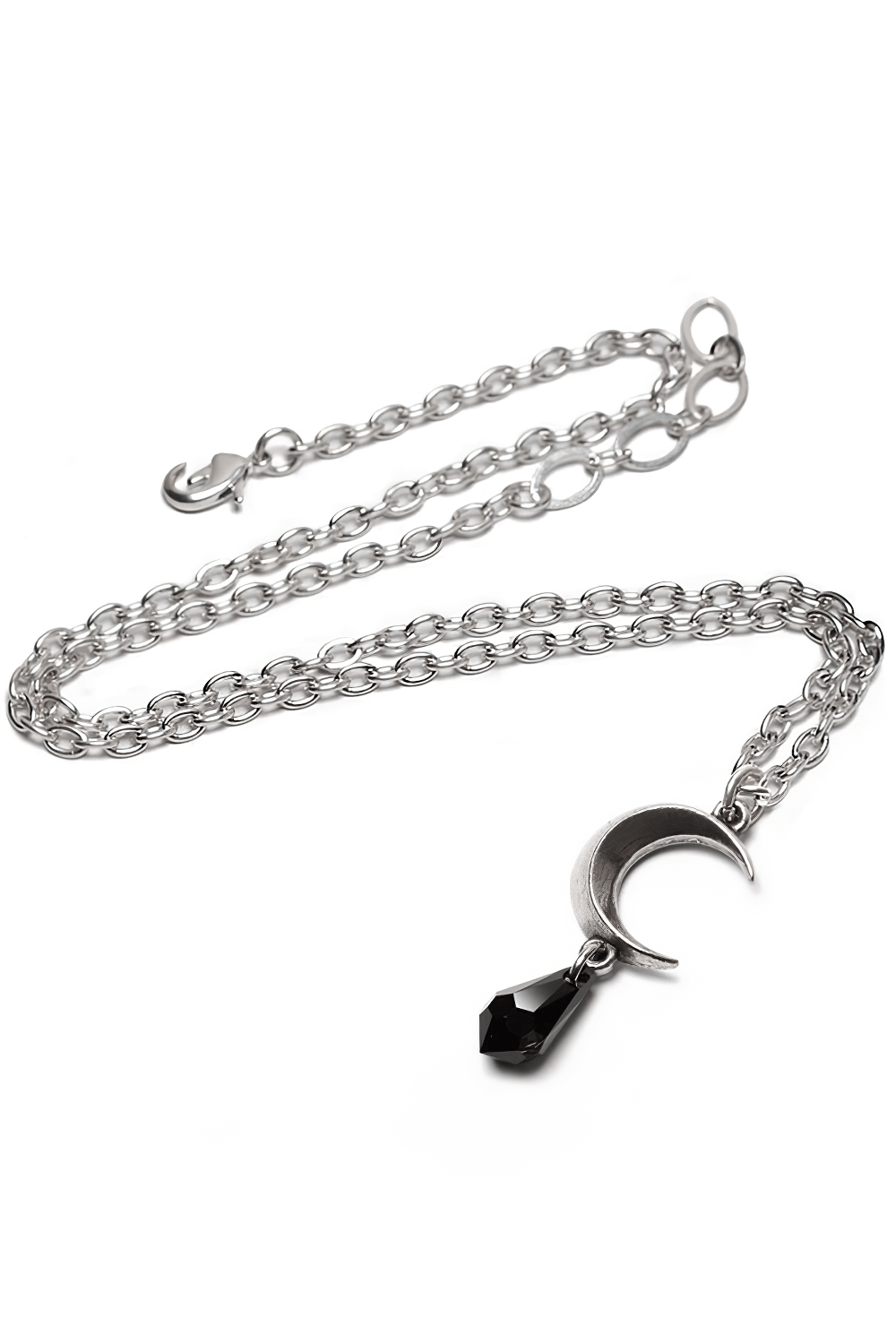 Elegant Gothic black pendant necklace with Austrian crystal and pewter moon charm for dark jewelry lovers.