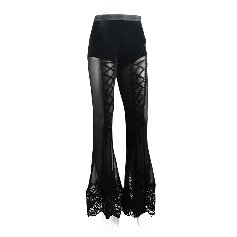 Elegant black flared transparent pants with lace-up design and gothic floral lace bottom.