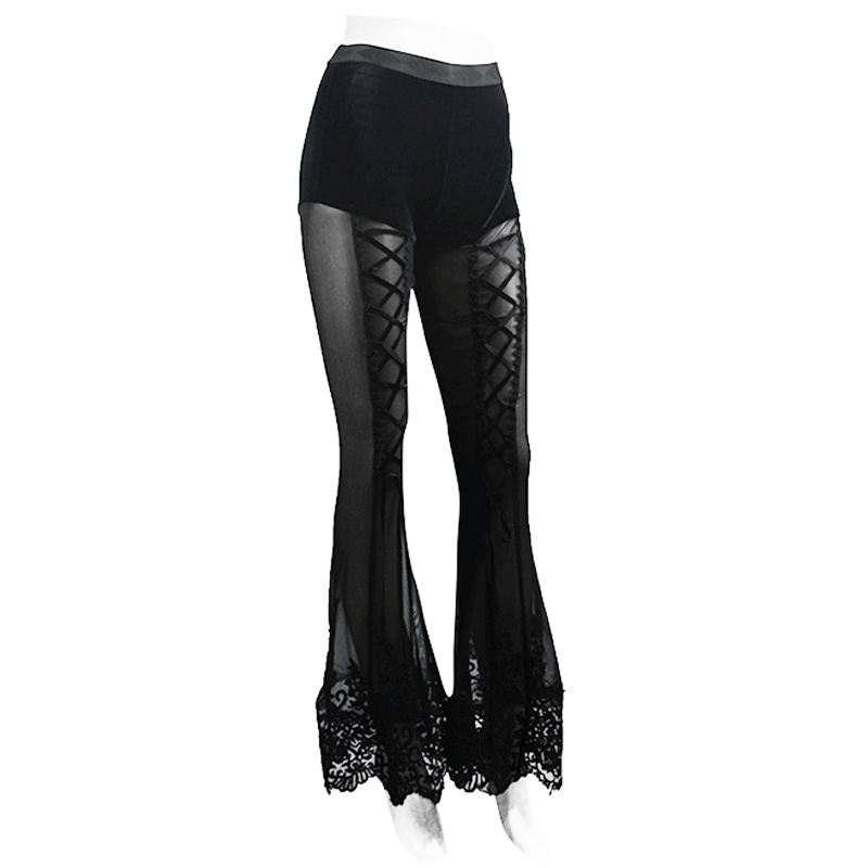Elegant transparent black pants with lace-up details and gothic floral lace bottom, perfect for a stylish look.