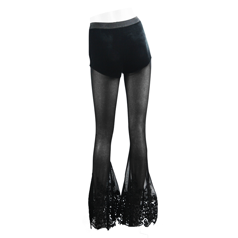 Elegant transparent black flared pants with lace-up details for a gothic look. Perfect for stylish, sexy fashion statements.