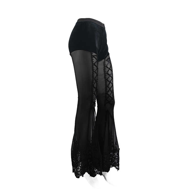 Elegant transparent black pants with gothic floral lace detailing and flared bottom for a sexy, sophisticated look.