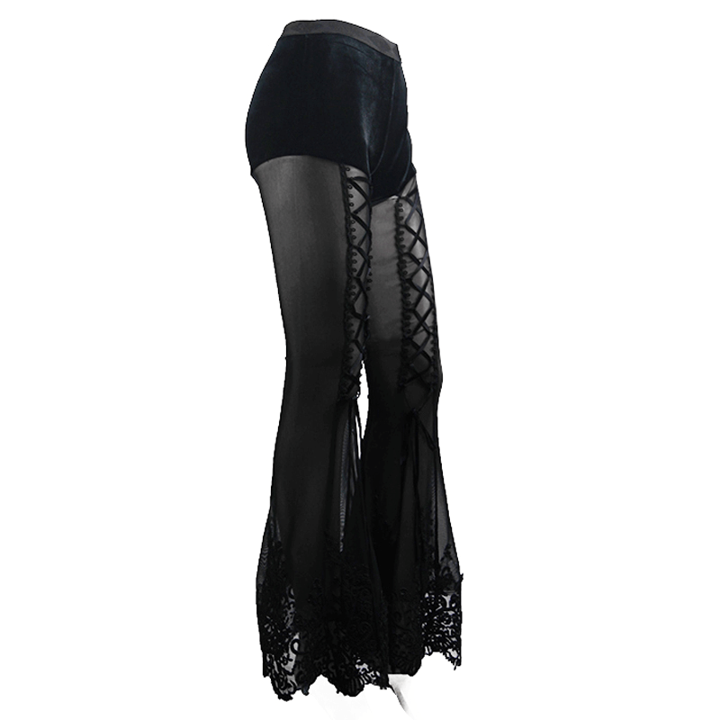 Elegant transparent black flared pants with lace-up details and floral lace bottom, perfect for gothic fashion.