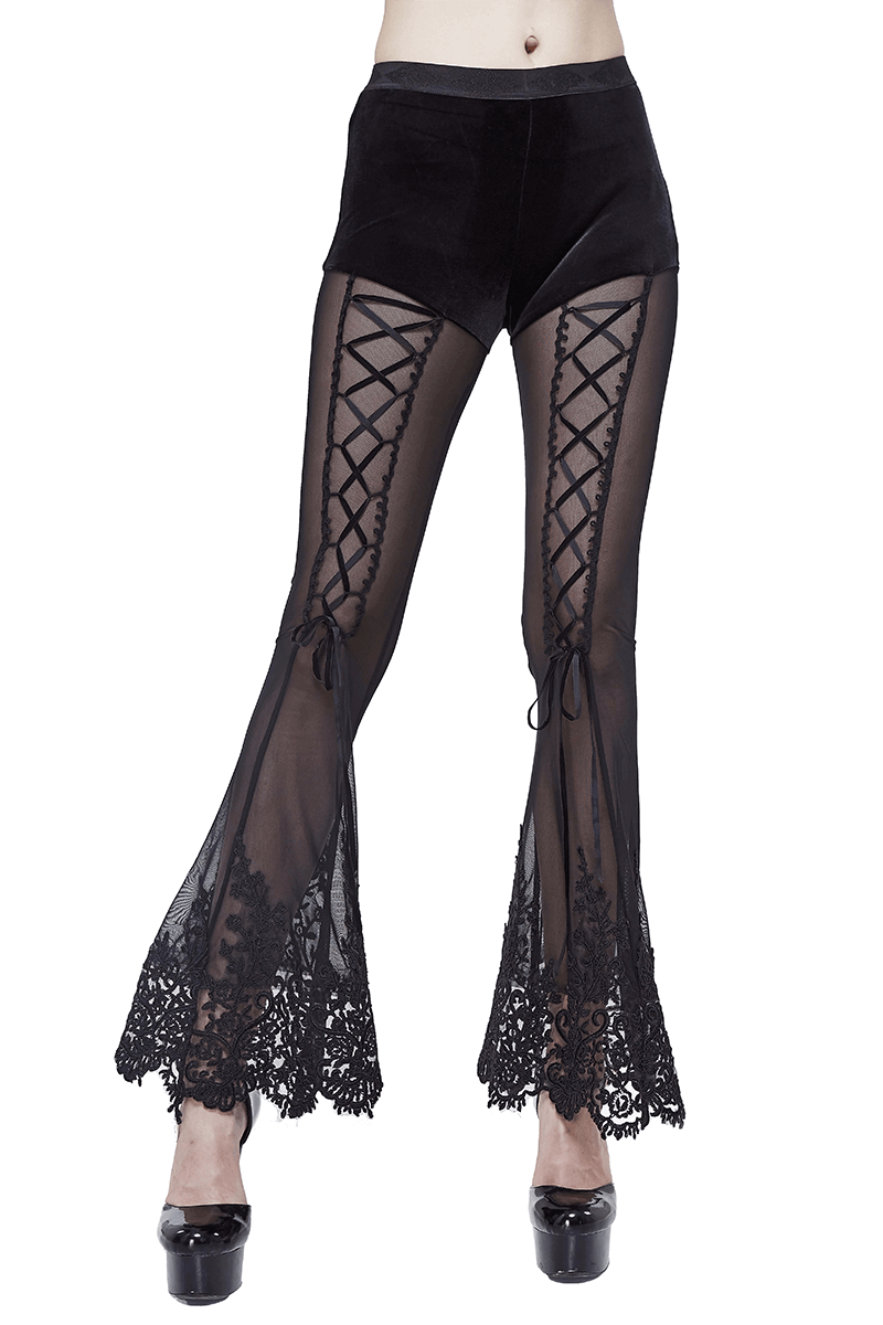 Elegant transparent black pants with lace-up design and floral lace bottom, perfect for gothic fashion lovers.