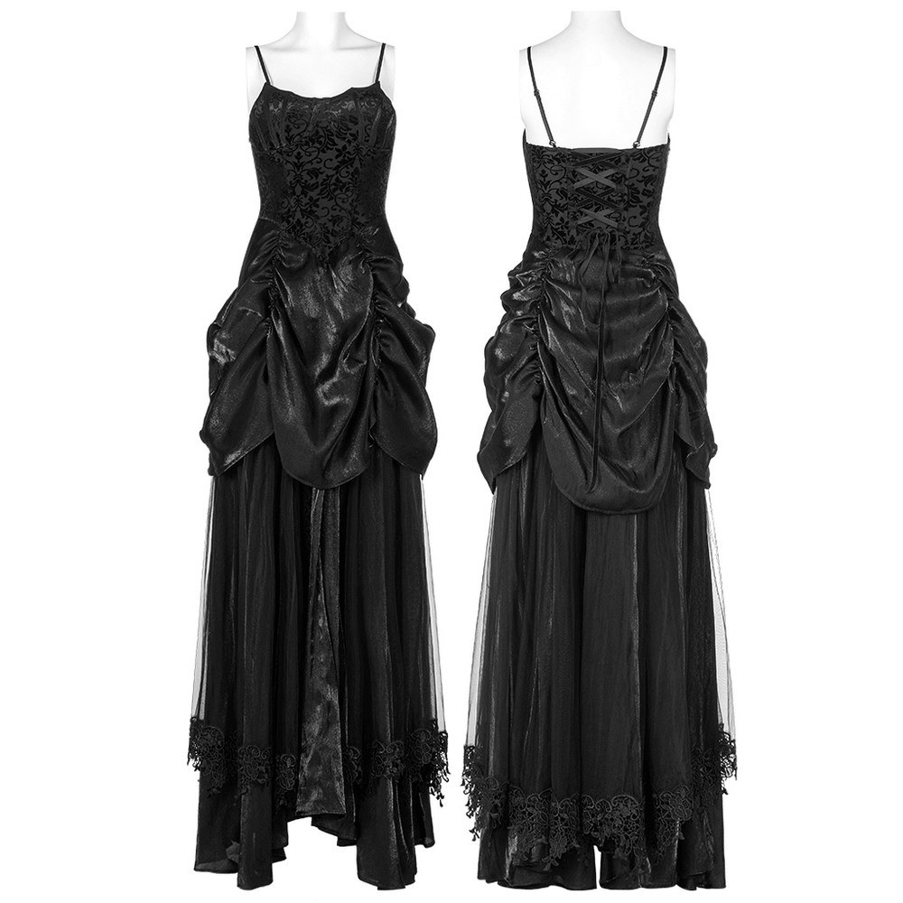 Elegant Gothic bridal gown featuring tulle and velvet with unique bat motif and dramatic bustle detail.