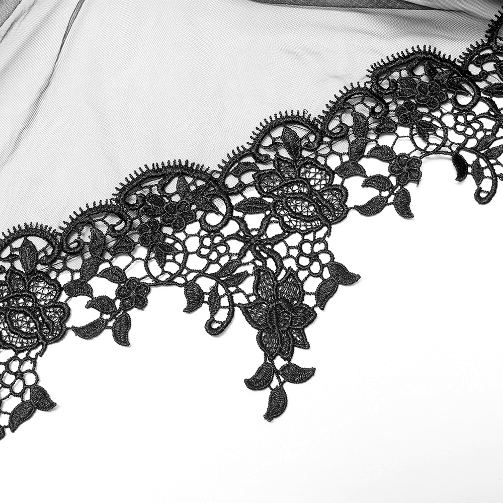 Elegant black floral lace trim showcasing intricate details for gothic bridal gown design.