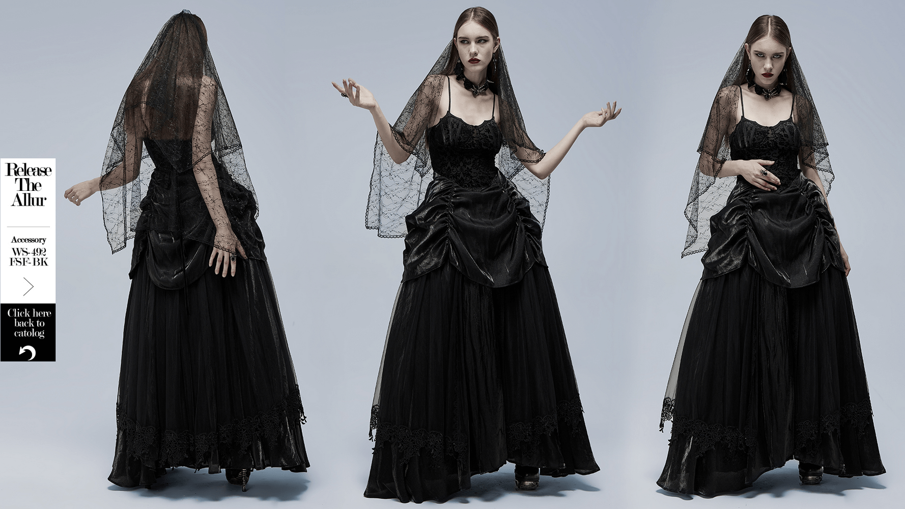 Gothic bridal gown featuring elegant tulle, velvet, and a dramatic veil for a captivating silhouette.