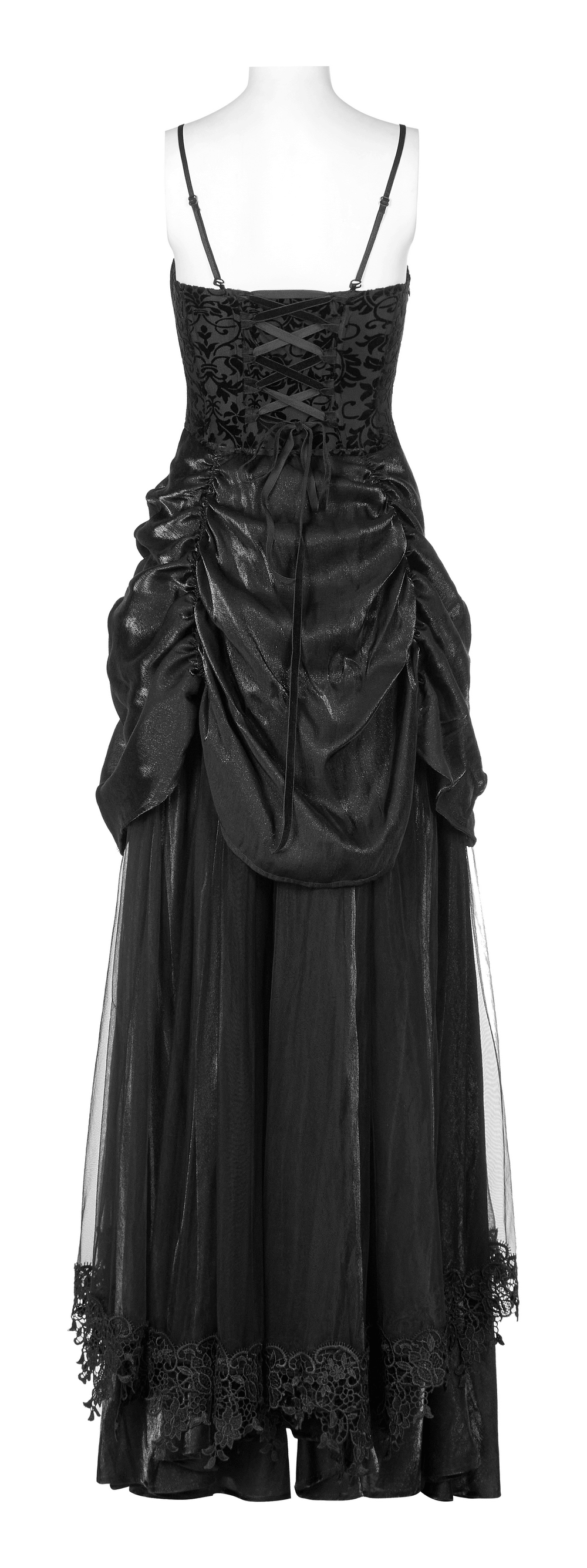 Elegant Gothic bridal gown in tulle and velvet, featuring drawstring back and stunning bat motif, perfect for dramatic flair.