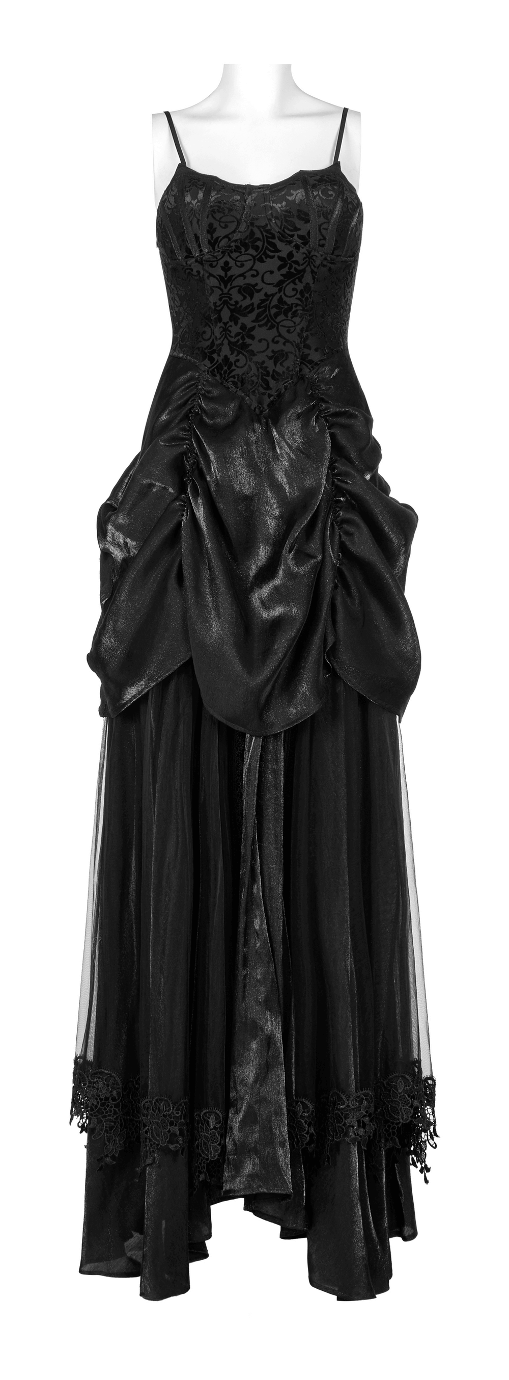 Elegant black gothic gown with tulle overlay and velvet bodice, featuring intricate bat motif and dramatic hem.