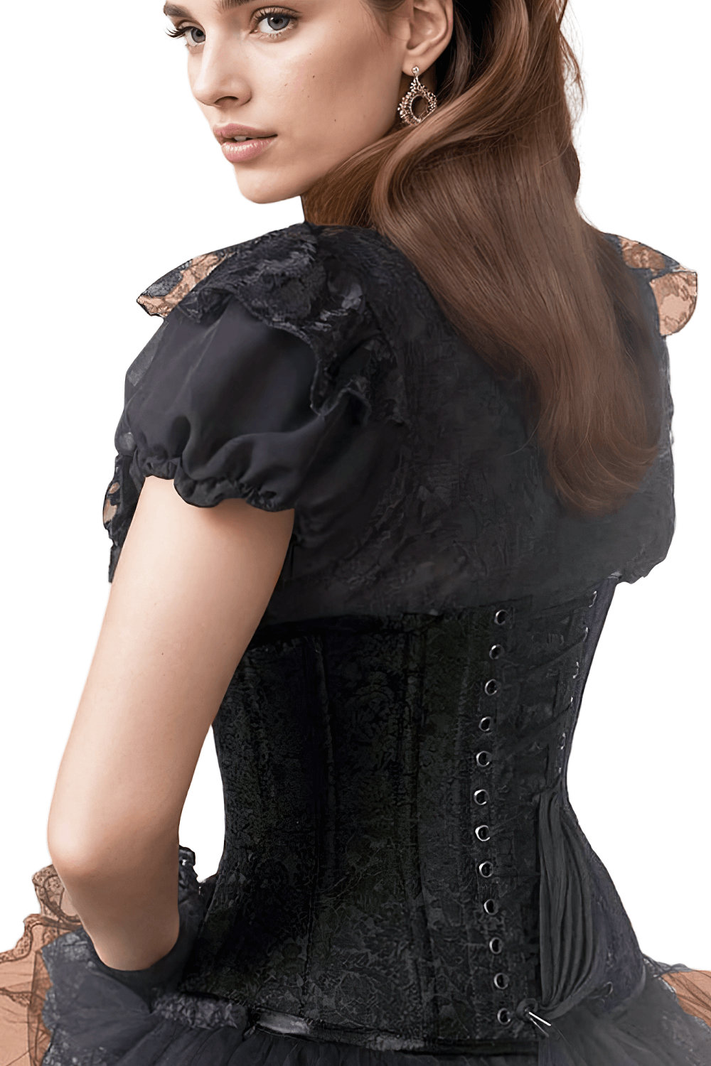 Elegant black brocade underbust corset with lacing details, showcasing a stylish and supportive silhouette.