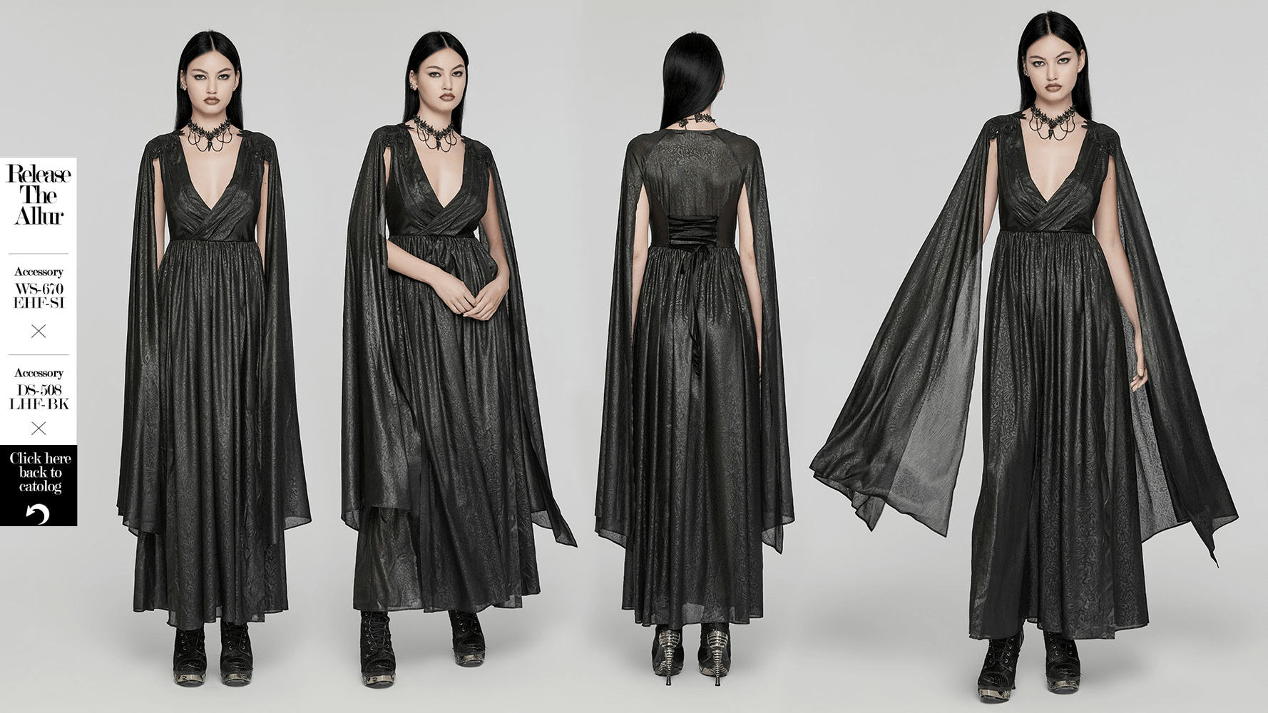 Elegant black chiffon dress with V-neck and dramatic cape sleeves, showcasing gothic style and 3D fly-edge design.