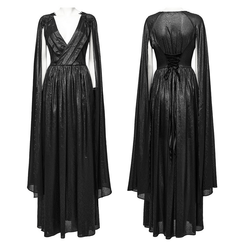 Elegant black chiffon dress with long cape sleeves and V-neck, featuring a dramatic 3D fly-edge design.