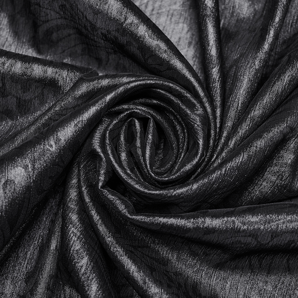 Elegant black chiffon fabric featuring intricate texture, perfect for gothic-inspired fashion and sophisticated designs.