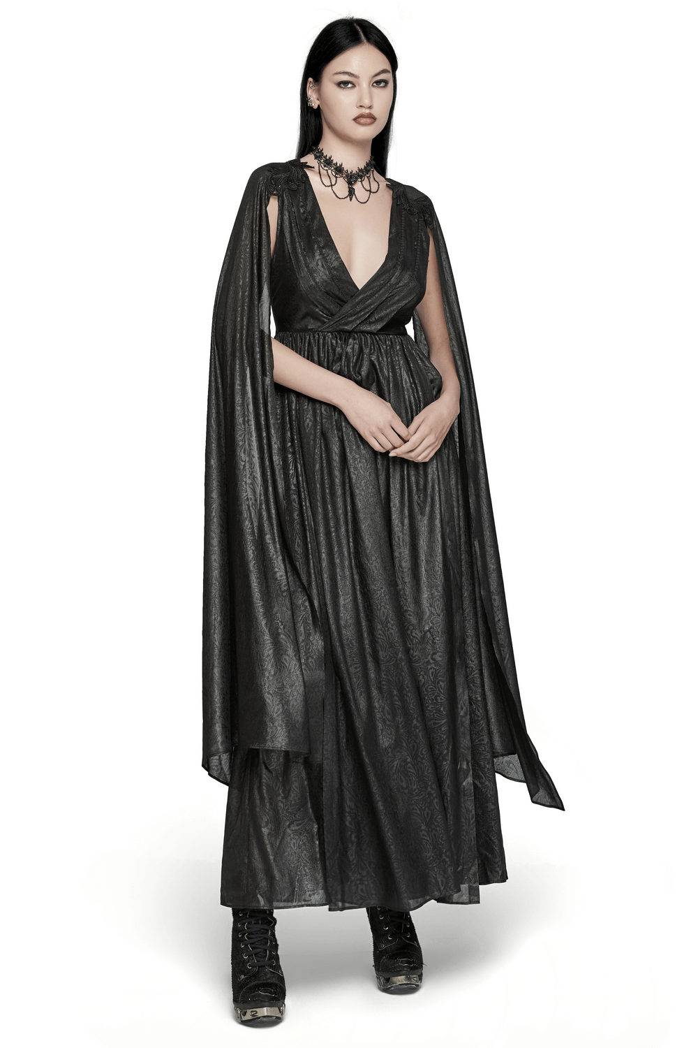Elegant black chiffon dress with cape sleeves, featuring a V-neck and edgy style, perfect for gothic-inspired fashion.