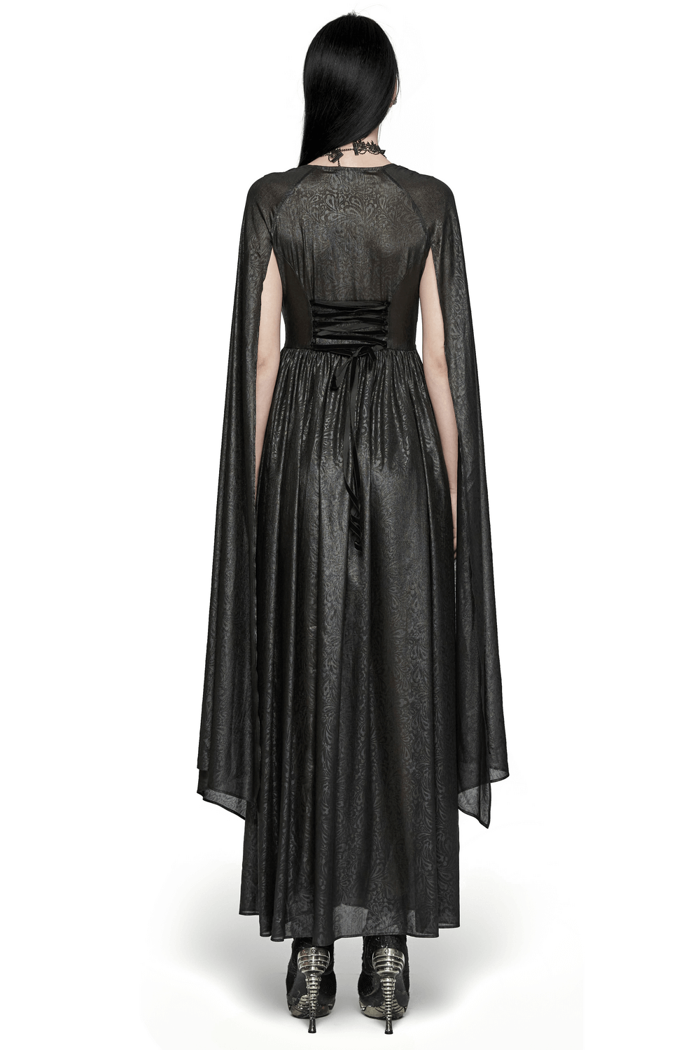 Back view of an elegant gothic black chiffon dress with dramatic cape sleeves and a stunning silhouette.