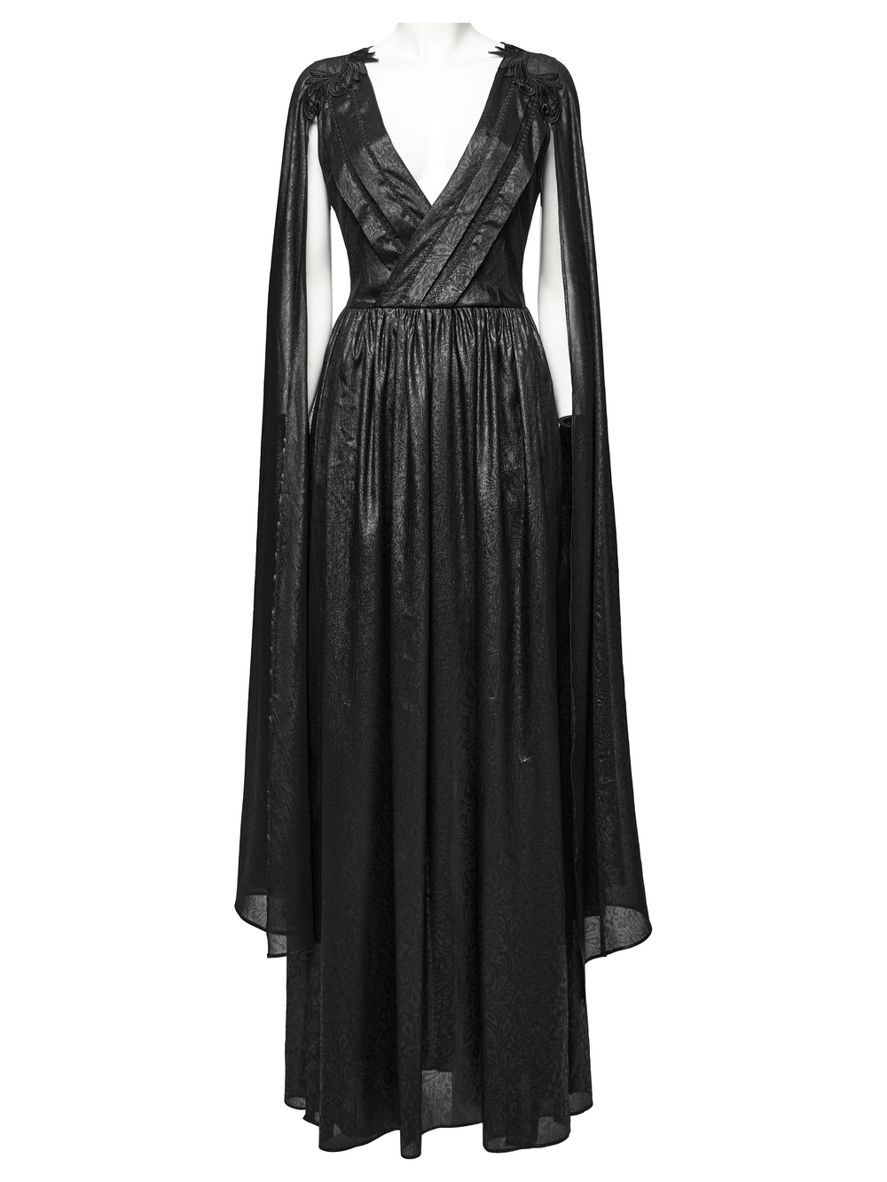 Elegant black chiffon dress with long cape sleeves and large V-neck, perfect for gothic-inspired fashion.