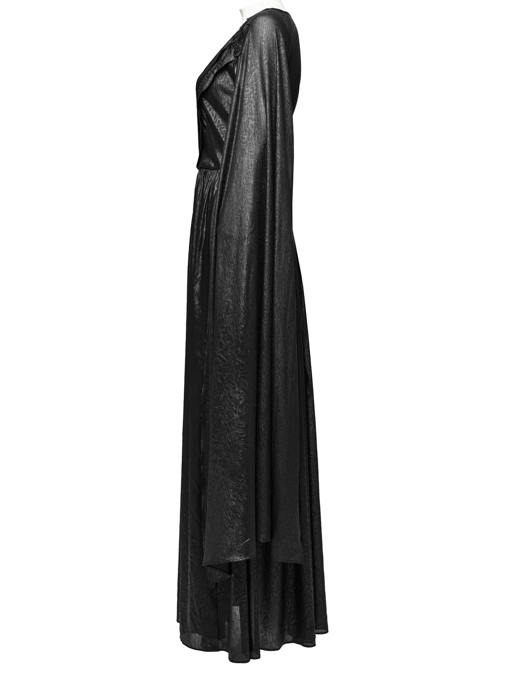 Elegant V-neck black chiffon dress with dramatic cape sleeves, showcasing a gothic and sophisticated design.